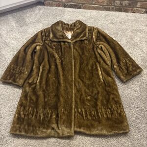 Vintage Scandinavian Faux Fur Coat ~ Brown Button Long Trench Coact Jacket